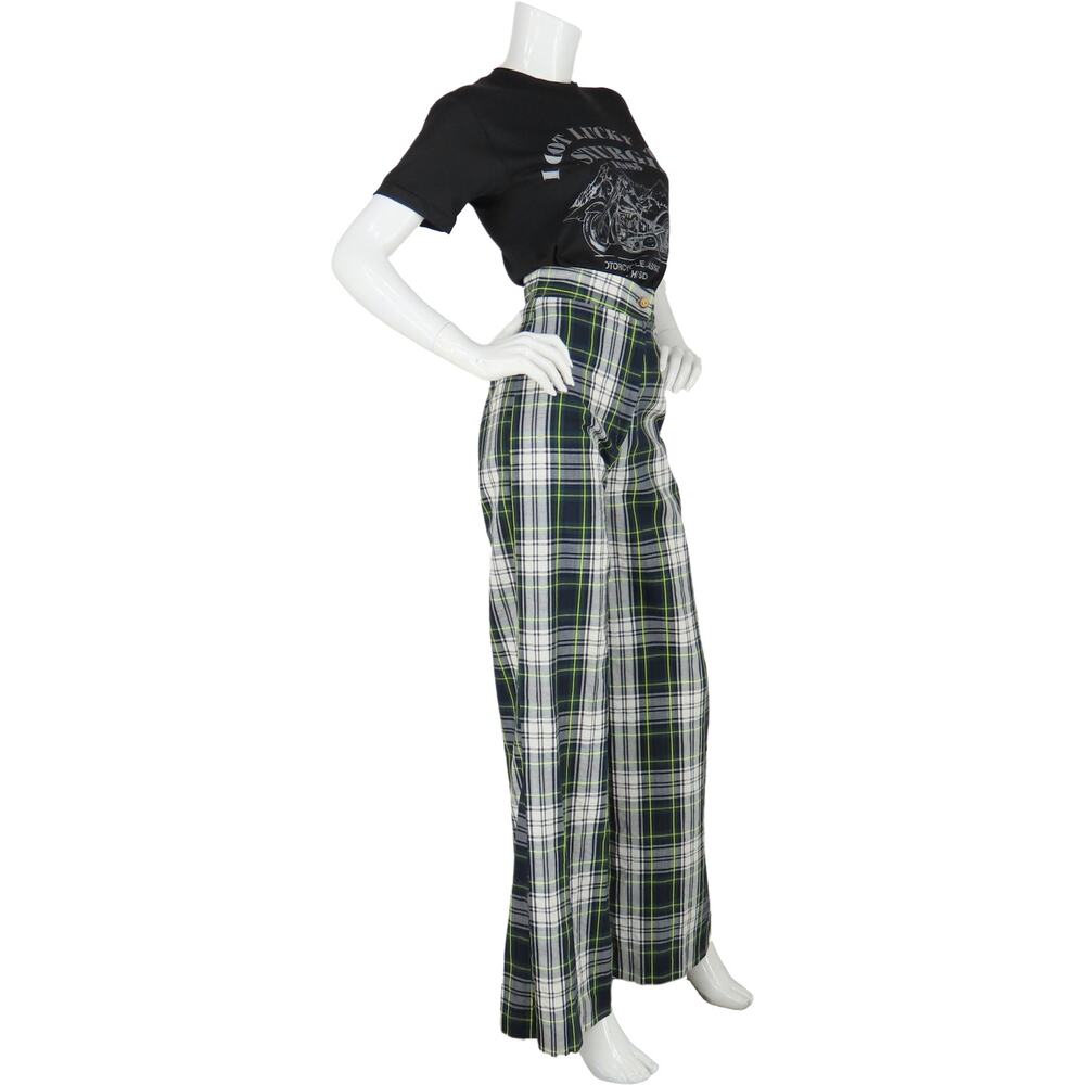 Vintage Bell Bottom Flare Rock Grunge Punk High Waisted Disco Green Plaid Pants - Picture 3 of 10